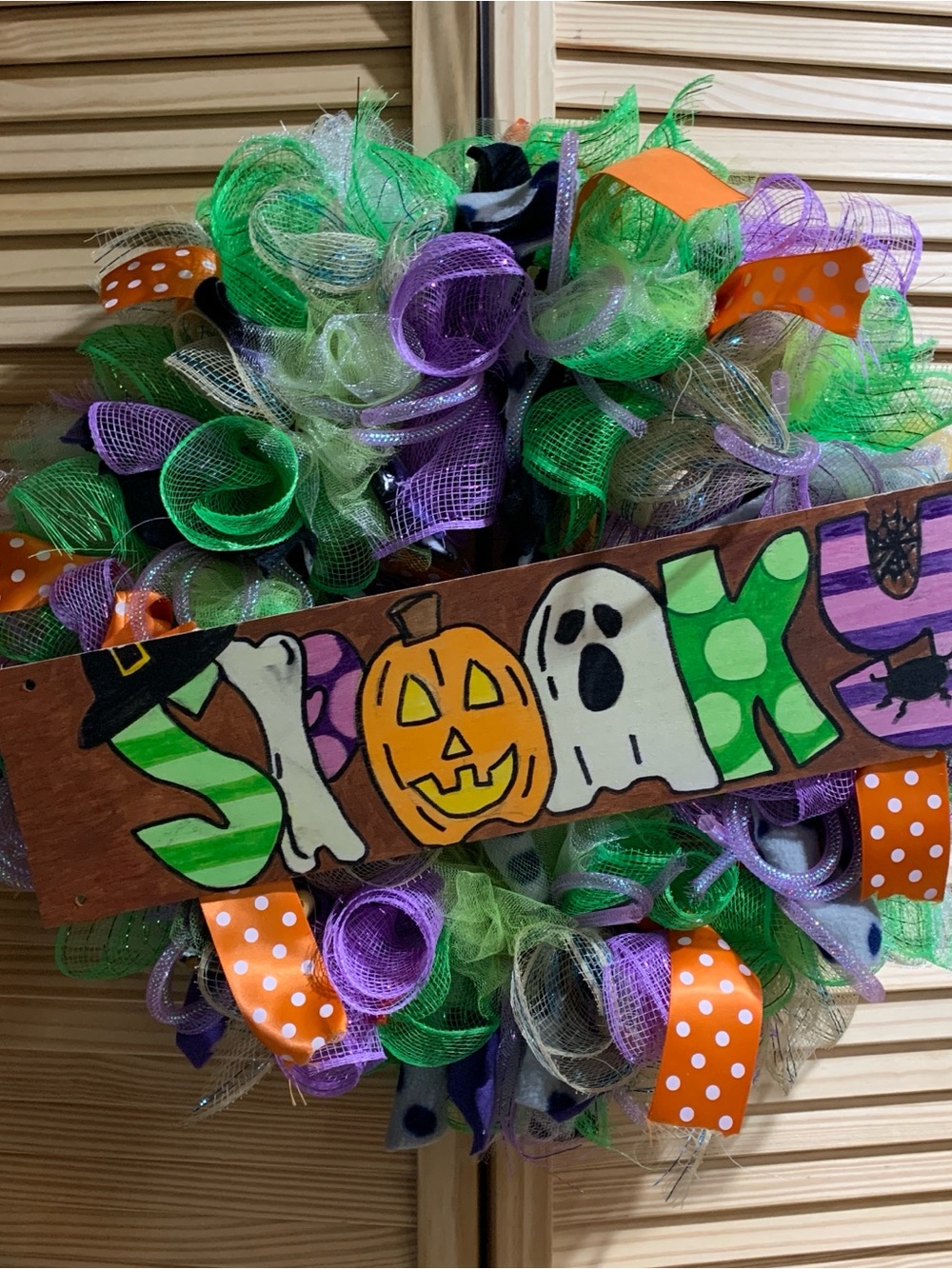 Halloween Deco Mesh Wreath with Green Purple and Orange Accents spooky
